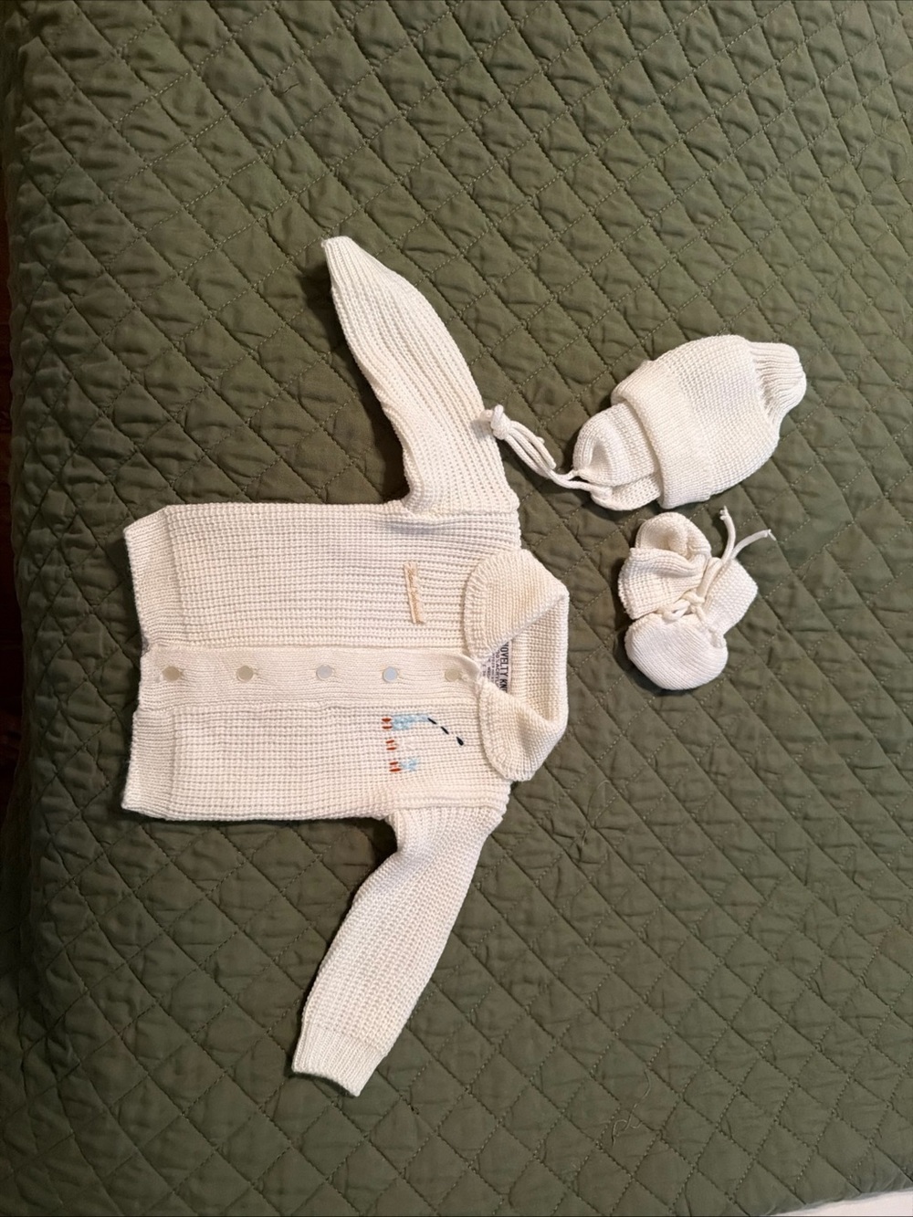 Vintage Baby Boys Girls Knit Cardigan Hat Booties Set 0 6 Months